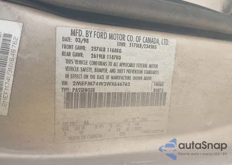 1998 Mercury Grand Marquis from USA, damaged, VIN 2MEFM74W3WX646762